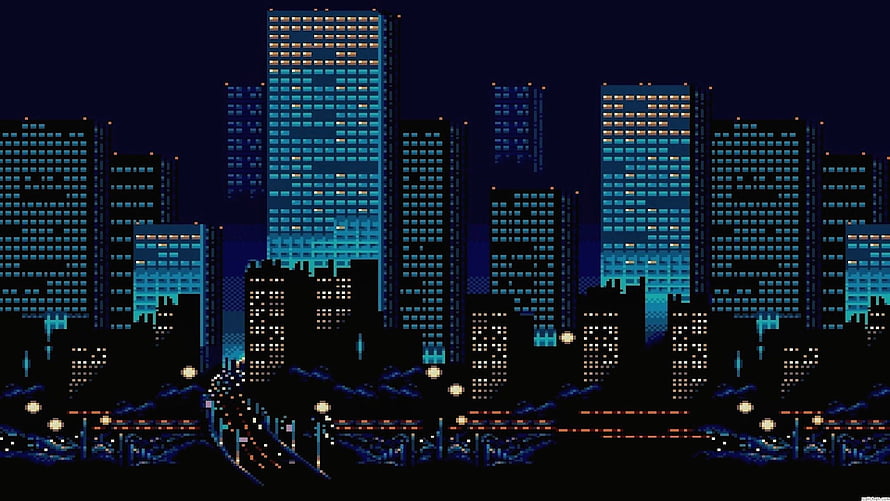 Pixel Art City Skyline at Night with Glowing Blue Skyscrapers and Streetlights HD wallpaper