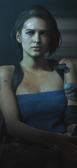 Jill Valentine Portrait from Resident Evil 3 Remake in Blue Tank Top HD phone wallpaper