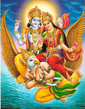 Lord Vishnu and Goddess Lakshmi Riding Garuda Divine Hindu Deity Art HD phone wallpaper