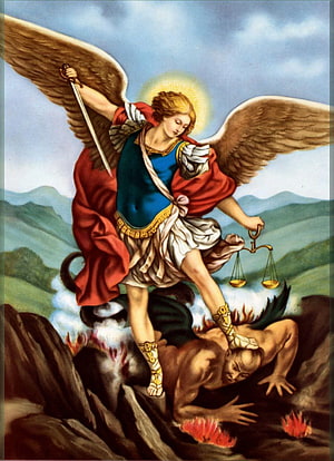Saint Michael the Archangel Defeating the Devil with Sword and Scales HD phone wallpaper