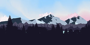 Minimalist Vector Mountain Landscape With Pine Forest Silhouette And Pastel Sky HD wallpaper