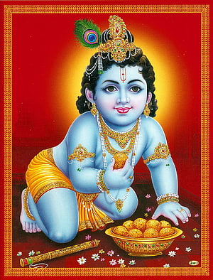 Baby Krishna Eating Laddu with Peacock Feather Crown and Golden Flute HD phone wallpaper