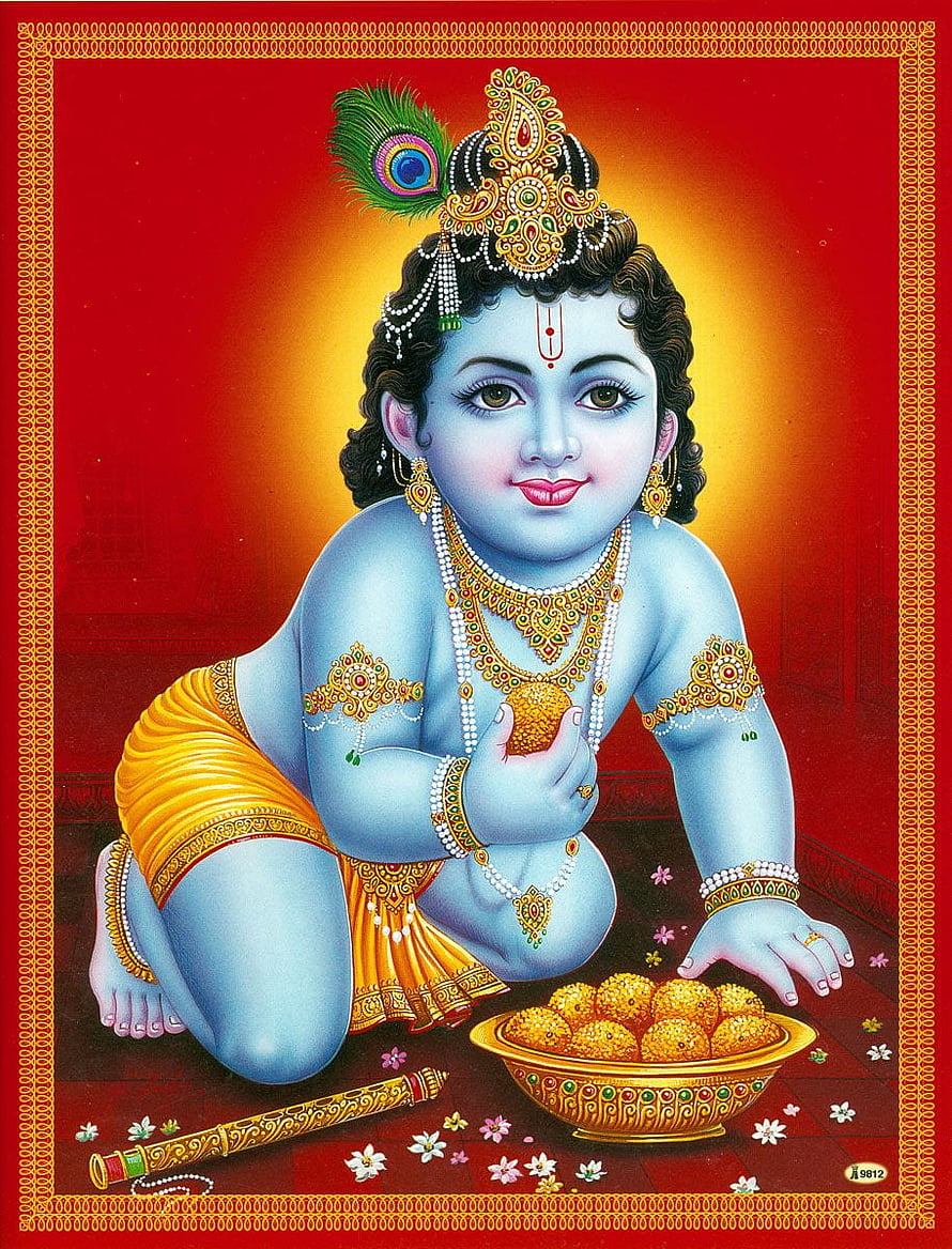 Baby Krishna Eating Laddu with Peacock Feather Crown and Golden Flute HD phone wallpaper