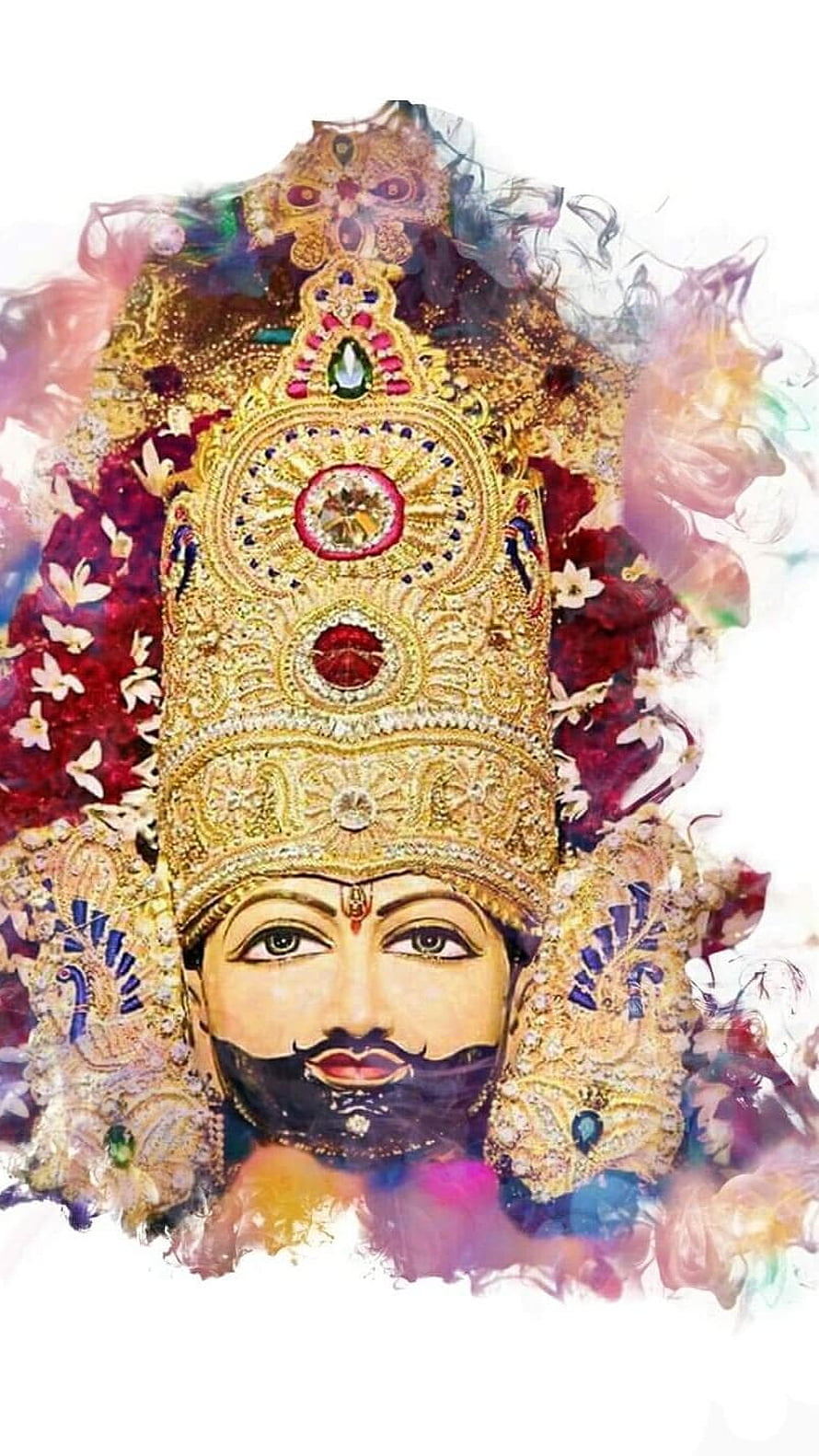 Khatu Shyam Divine Portrait with Ornate Golden Crown and Floral Garland HD phone wallpaper