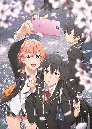 Oregairu Anime Characters Taking a Selfie Under Cherry Blossoms HD phone wallpaper