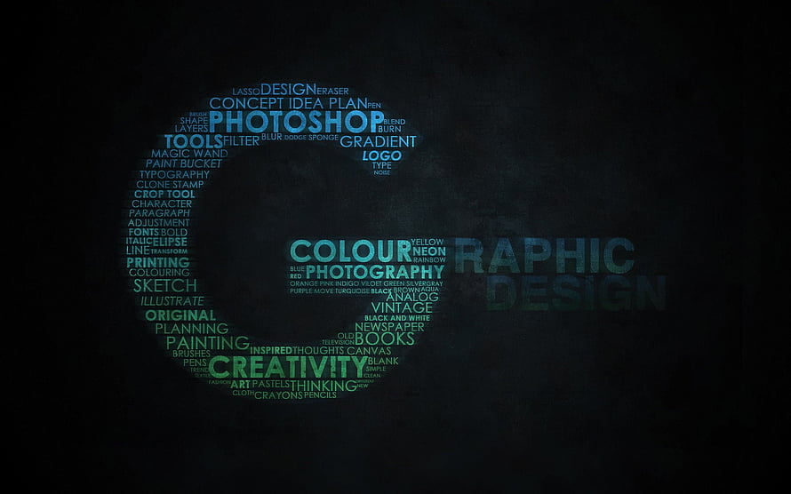 Photoshop and Graphic Design Word Cloud on Dark Textured Background HD wallpaper