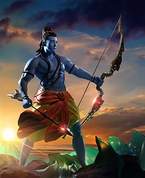 Blue Skinned Hindu Deity Rama Holding Bow And Arrow At Sunset HD phone wallpaper