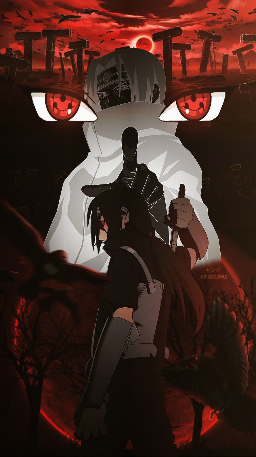 Itachi Uchiha and Kakuzu anime wallpaper featuring Sharingan eyes, red moon, and dark fantasy atmosphere HD phone wallpaper