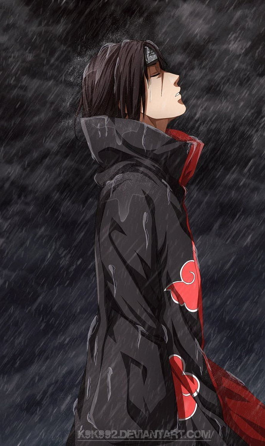 Itachi Uchiha in Akatsuki Cloak Standing in the Rain with Melancholic Expression HD phone wallpaper