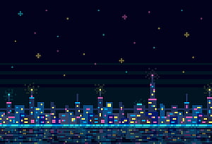 Deltarune Pixel Art Night City Skyline with Neon Lights and Starry Sky HD wallpaper