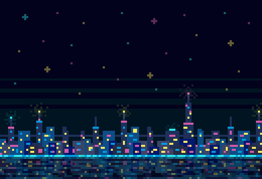 Deltarune Pixel Art Night City Skyline with Neon Lights and Starry Sky HD wallpaper