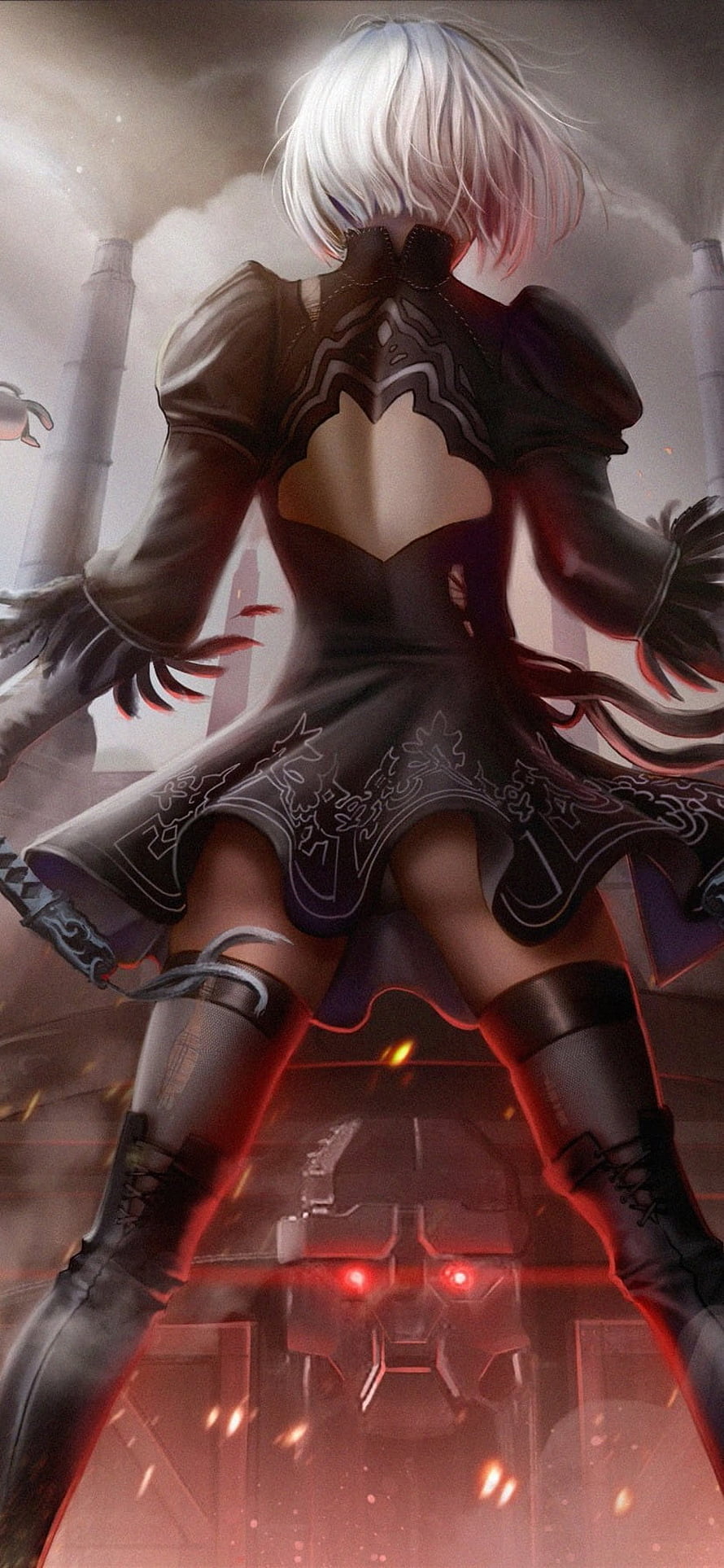 YoRHa No.2 Type B from NieR: Automata Standing Over a Defeated Machine Unit HD phone wallpaper