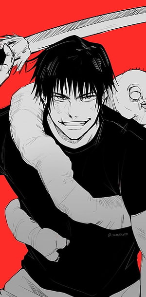 Toji Fushiguro anime illustration with sword and red background HD phone wallpaper