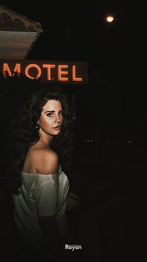 Lana Del Rey Night Portrait Under Glowing Motel Neon Sign HD phone wallpaper