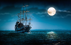 Mysterious Old Pirate Ship Sailing on Dark Ocean Under Giant Full Moon at Night HD wallpaper