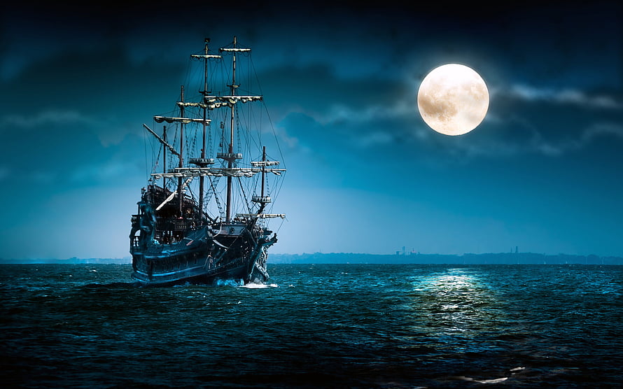 Mysterious Old Pirate Ship Sailing on Dark Ocean Under Giant Full Moon at Night HD wallpaper