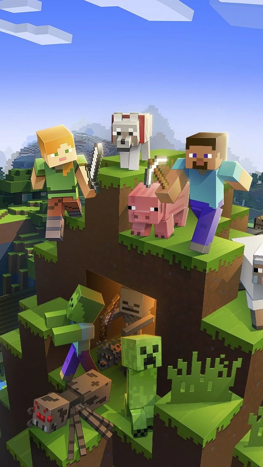 Minecraft Steve and Alex with Mobs on Floating Islands HD phone wallpaper