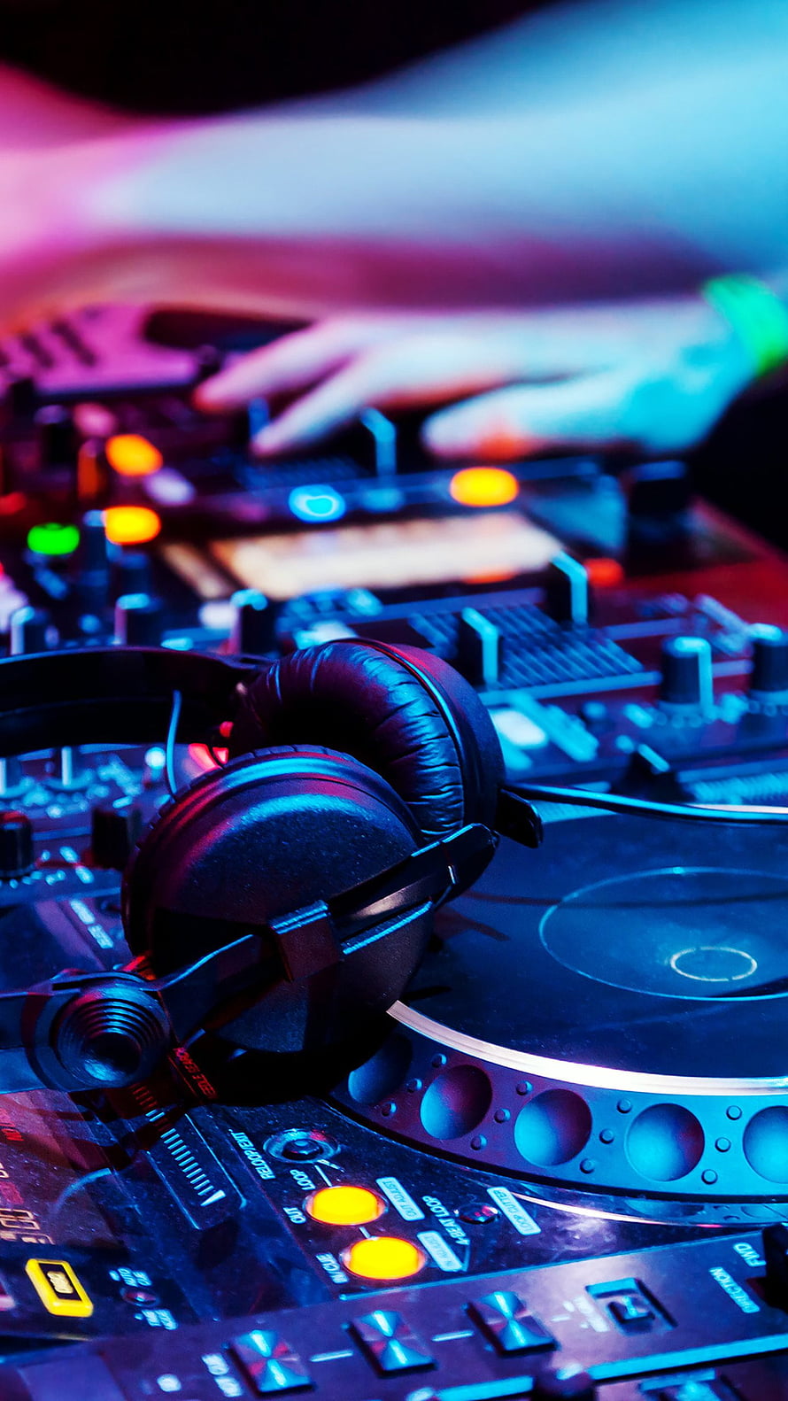 DJ Headphones on Turntable Mixer with Neon Blue and Purple Lighting HD phone wallpaper