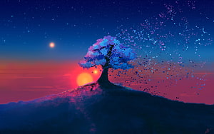 Lone Tree on Hilltop at Sunset with Scattered Leaves and Starry Night Sky HD wallpaper