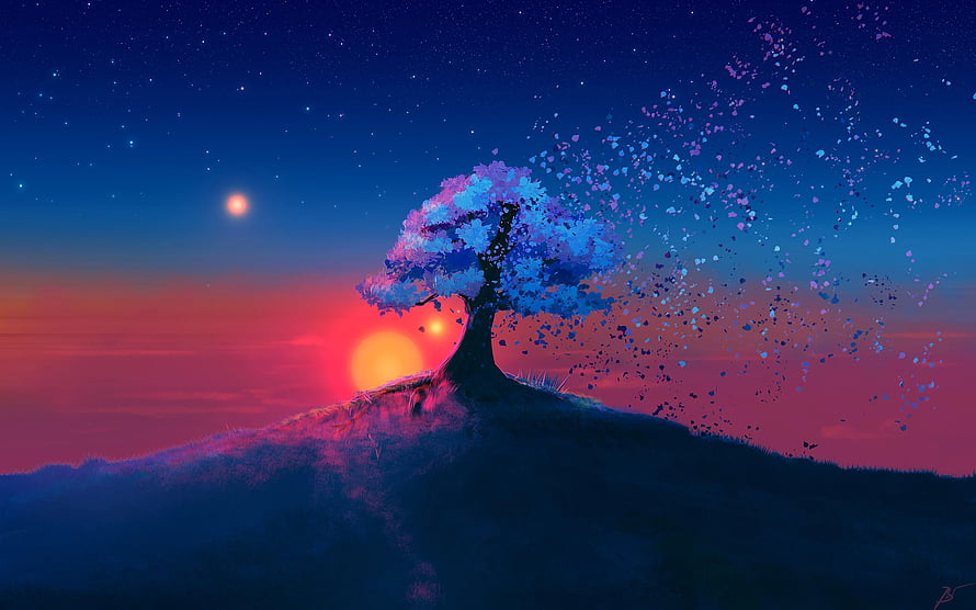 Lone Tree on Hilltop at Sunset with Scattered Leaves and Starry Night Sky HD wallpaper
