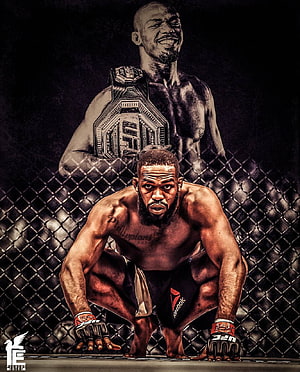 Jon Jones MMA Fighter Crouching in Octagon with Championship Belt HD phone wallpaper