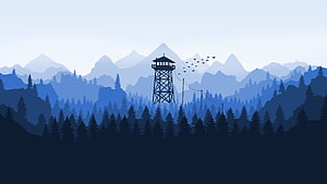 Firewatch Fire Tower Silhouette Against Layered Mountain Forest Landscape HD wallpaper