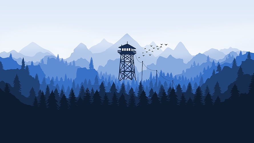 Firewatch Fire Tower Silhouette Against Layered Mountain Forest Landscape HD wallpaper