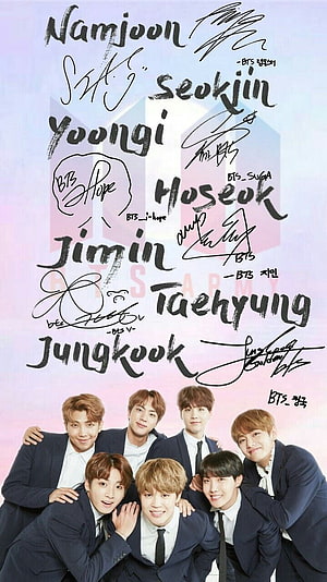 BTS Members in Navy Suits with Signatures and Names on Pastel Background HD phone wallpaper
