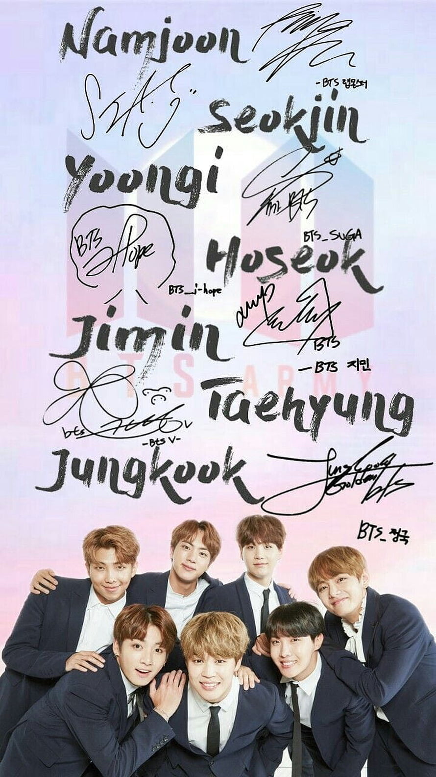 BTS Members in Navy Suits with Signatures and Names on Pastel Background HD phone wallpaper