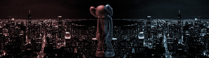 KAWS Companion Figure Standing Over a Dark New York City Night Skyline HD wallpaper