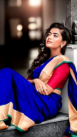 Rashmika Mandanna in a Royal Blue Silk Saree with Gold Border and Red Blouse HD phone wallpaper
