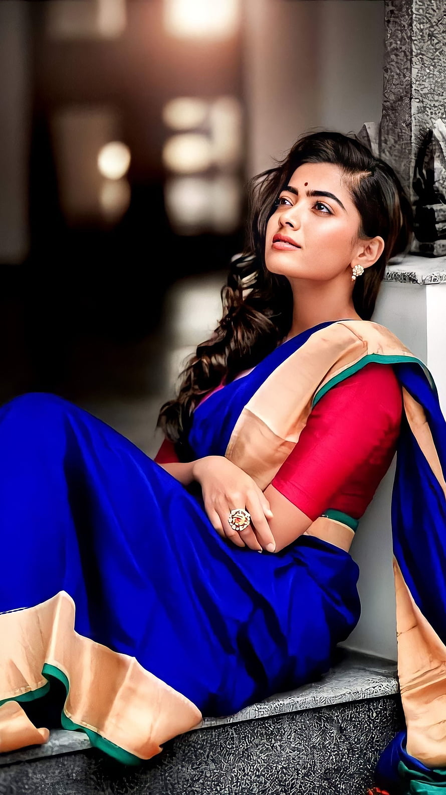 Rashmika Mandanna in a Royal Blue Silk Saree with Gold Border and Red Blouse HD phone wallpaper