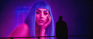 Silhouette of a man standing before a giant holographic display of a woman with blue hair in a neon cyberpunk city, Bladerunner Blade Runner Blade Runner 2049 K # # # . Blade runner, Blade runner 2049, lock screen HD wallpaper
