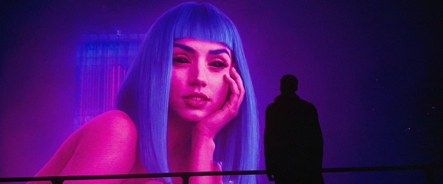 Silhouette of a man standing before a giant holographic display of a woman with blue hair in a neon cyberpunk city, Bladerunner Blade Runner Blade Runner 2049 K # # # . Blade runner, Blade runner 2049, lock screen HD wallpaper