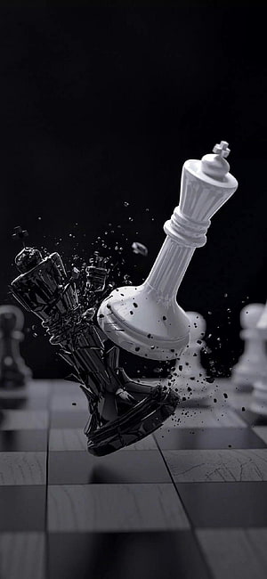 Dynamic 3D Render of White King Shattering Black King on Chessboard HD phone wallpaper