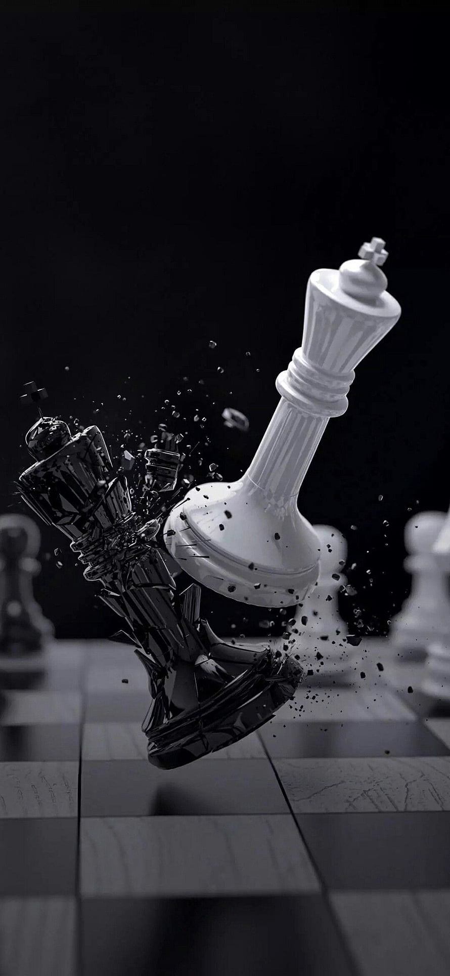 Dynamic 3D Render of White King Shattering Black King on Chessboard HD phone wallpaper