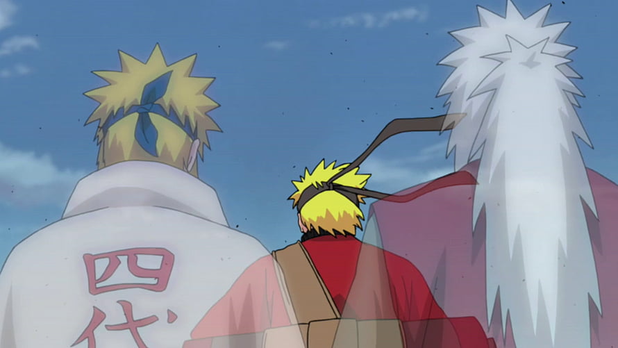 Naruto Anime Scene Featuring Minato, Naruto, and Jiraiya Standing Together Under a Blue Sky HD wallpaper