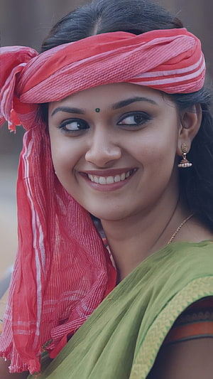 Portrait of a smiling woman wearing a red turban and green saree, Keerthi Suresh, tamil actress HD phone wallpaper
