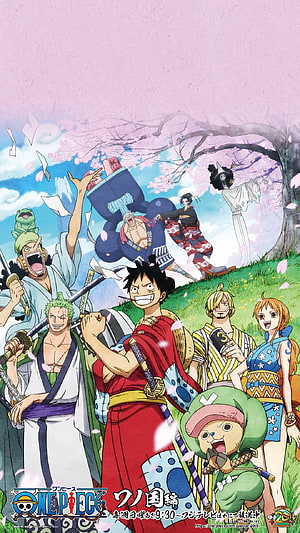 One Piece Wano Country Arc Anime Poster with Straw Hat Crew in Traditional Kimonos Under Cherry Blossoms HD phone wallpaper