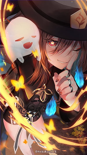Anime girl with ghost companion, glowing butterflies, and magical flames in a mystical fantasy setting HD phone wallpaper