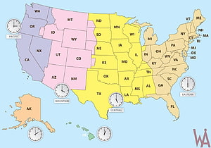 United States Time Zone Map with State Abbreviations and Clocks HD wallpaper