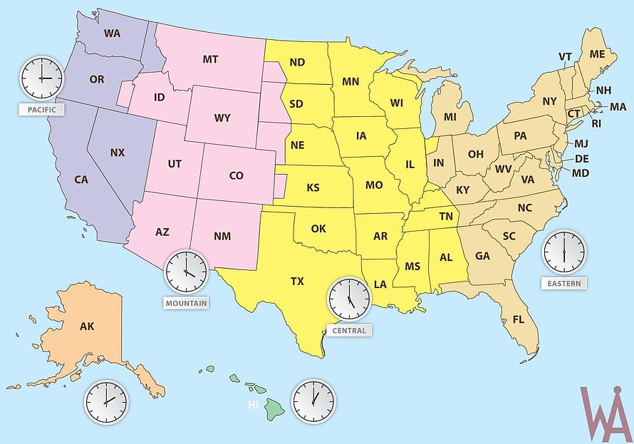 United States Time Zone Map with State Abbreviations and Clocks HD wallpaper