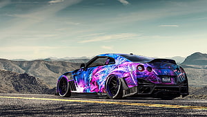 Nissan GT-R with vibrant purple and blue custom paint job parked on a mountain road HD wallpaper