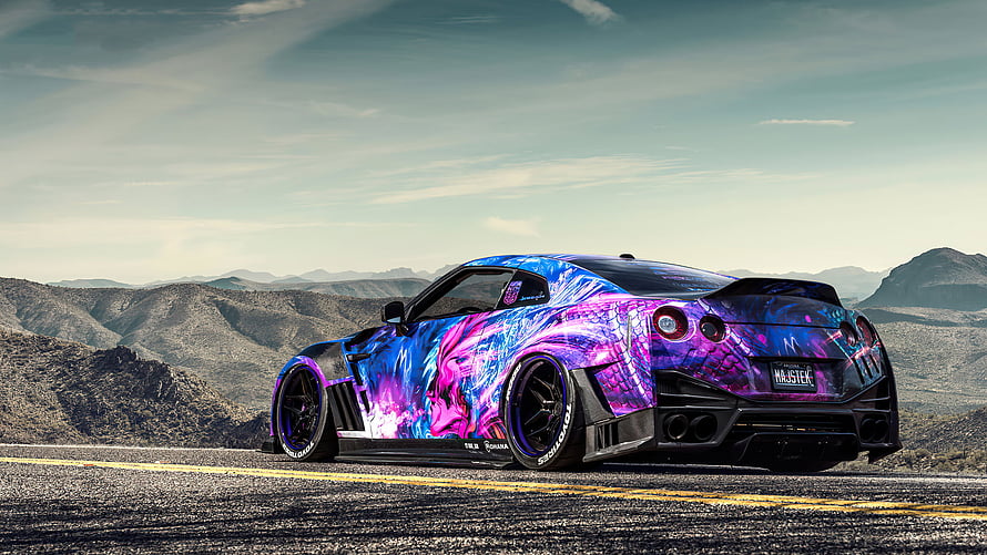 Nissan GT-R with vibrant purple and blue custom paint job parked on a mountain road HD wallpaper