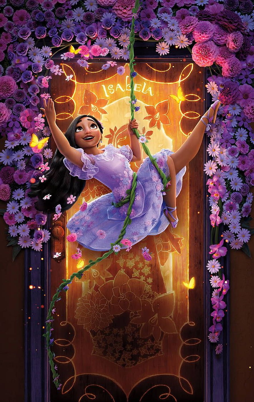 Isabela Madrigal from Encanto hanging from a vine in a floral doorway HD phone wallpaper