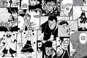 Naruto Shippuden Obito Manga Panel Spread Featuring Sharingan and Rinnegan Abilities HD wallpaper