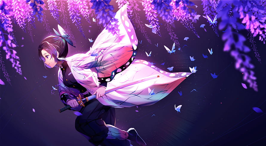 Shinobu Kocho from Demon Slayer wielding a katana beneath purple wisteria blossoms and floating butterflies HD wallpaper