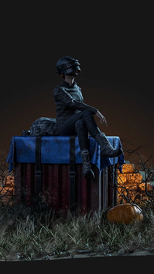 PUBG Mobile Character Sitting on Airdrop Crate in Post-Apocalyptic Landscape HD phone wallpaper