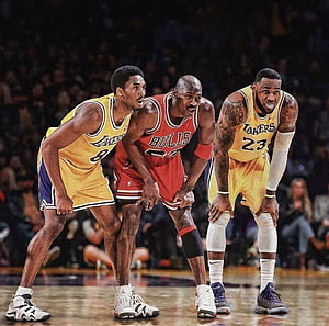 Kobe Bryant, Michael Jordan, and LeBron James in a Legendary NBA Lineup HD wallpaper