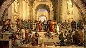 Raphael's The School of Athens fresco depicting ancient Greek philosophers in a grand classical architectural setting HD wallpaper